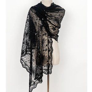 Boho Black Moon & Star Sheer Mesh Sequin Embellished Shawl Wrap Scarf Formal